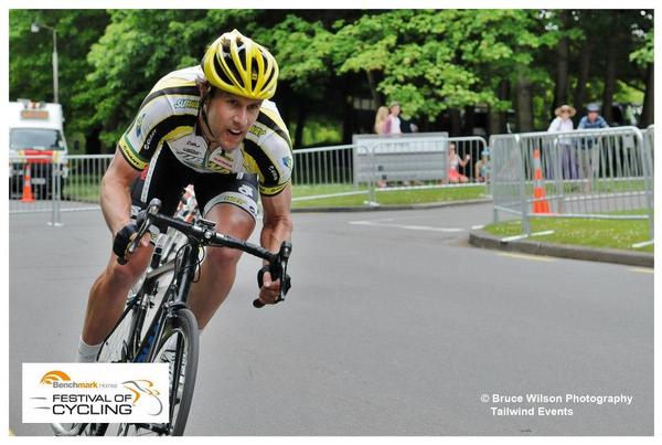 Paul Odlin goes hard of the front of yesterdays Benchmark Homes Festival of Cycling elite men's criterium in Christchurch